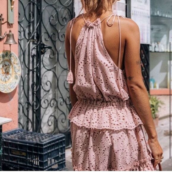 Spell & The Gypsy Pink Eyelet Tiered Halter Mini Dress Size S - Picture 2 of 10